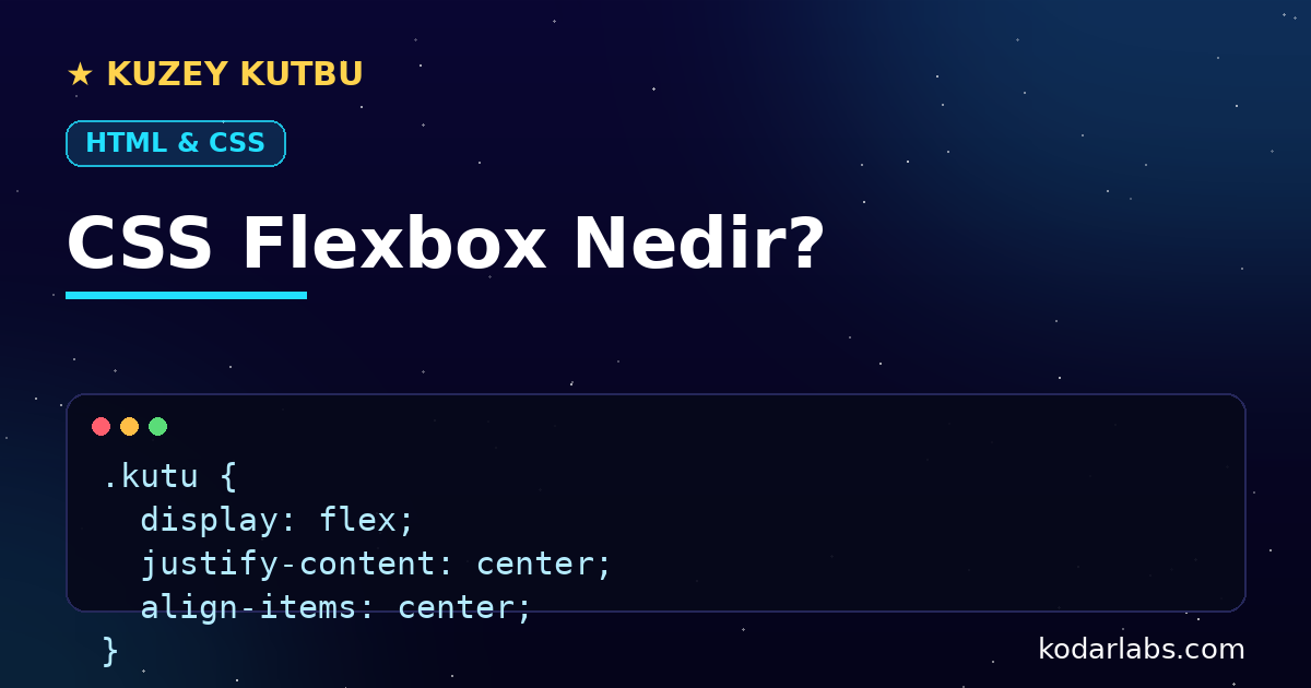CSS Flexbox nedir infografiği: display flex, justify-content ve align-items ile öğeleri ortalama