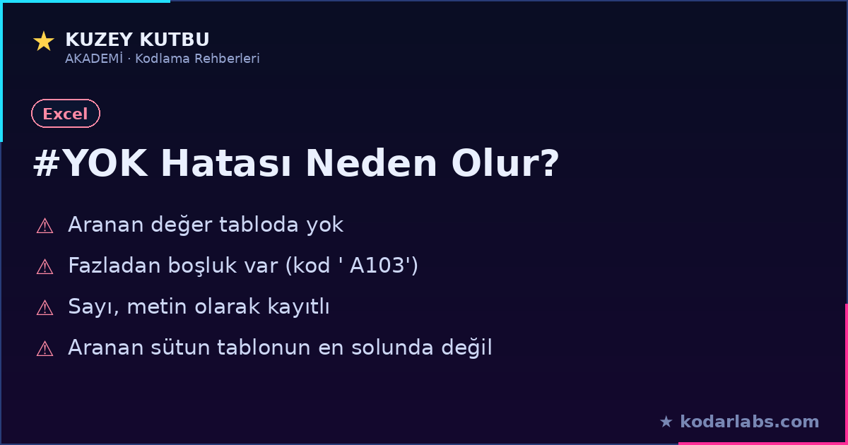 Excel DÜŞEYARA #YOK hatası nedenleri ve çözümleri infografiği