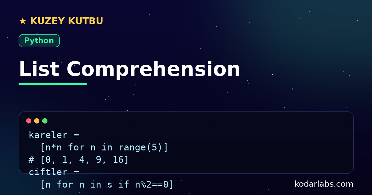 Python list comprehension infografiği: tek satırda liste oluşturma ve filtreleme